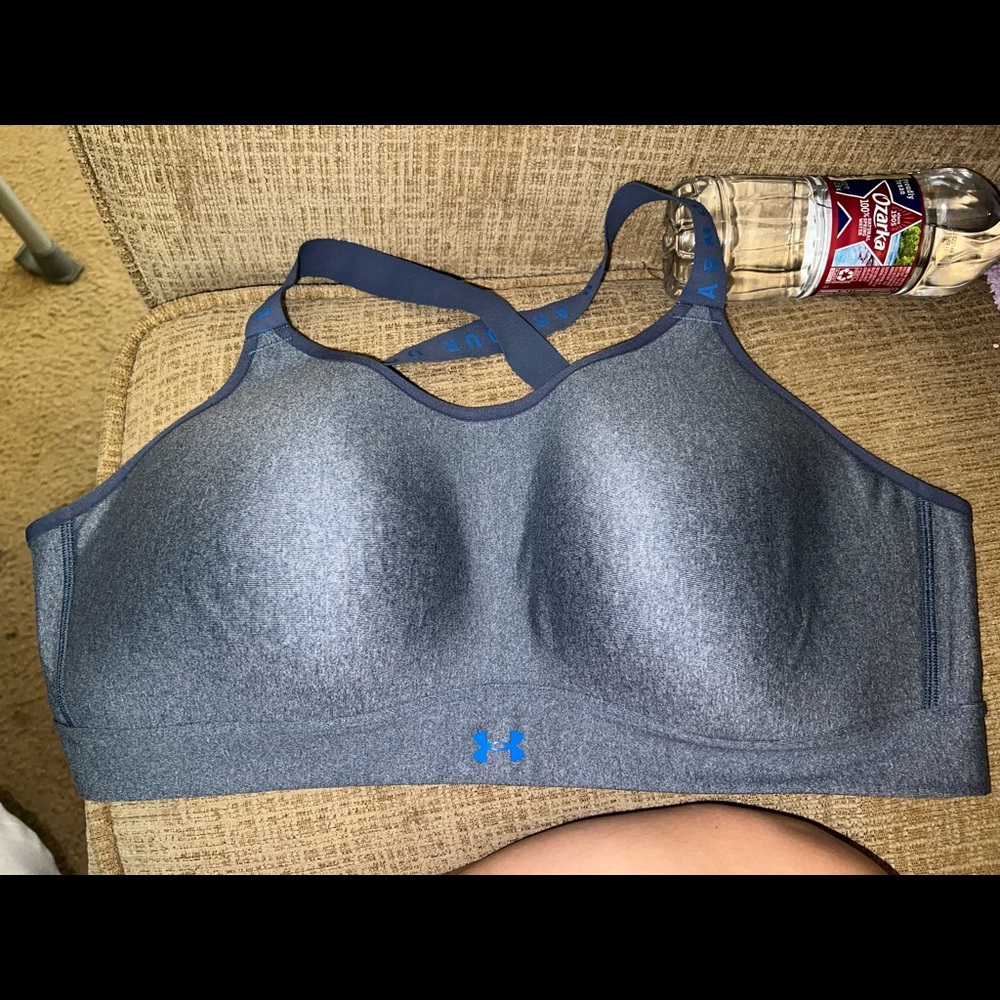 Under Armour Women's Gray Sports Bra with Blue Logo